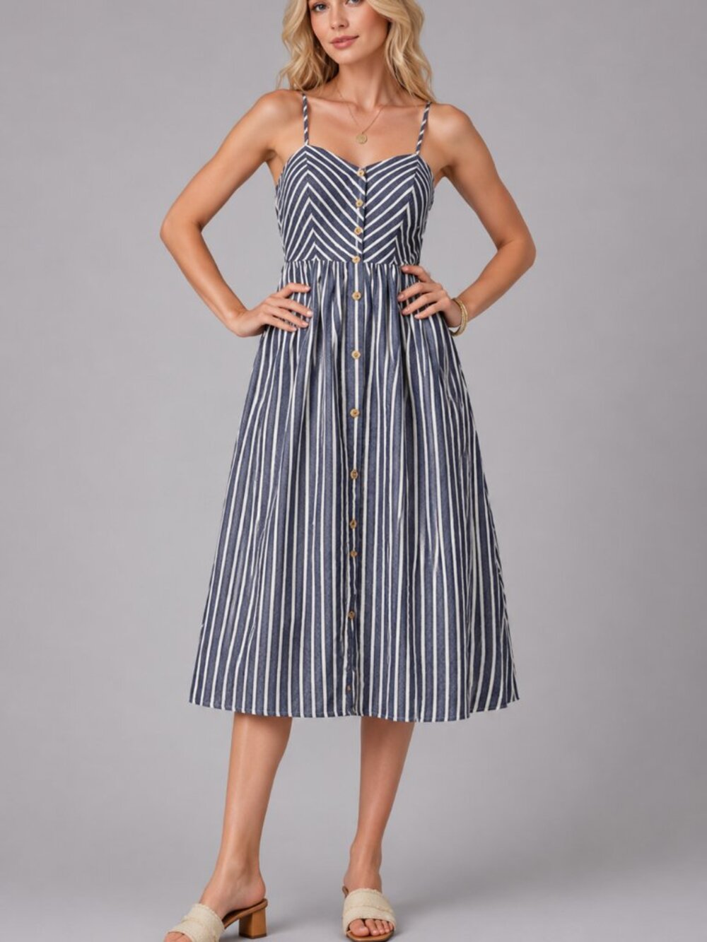 Women's Cotton Striped Midi Sundress Button Front Spaghetti Strap Casual Dress